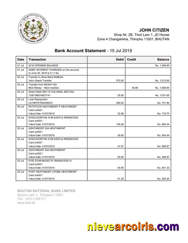 Bhutan National Bank statement
